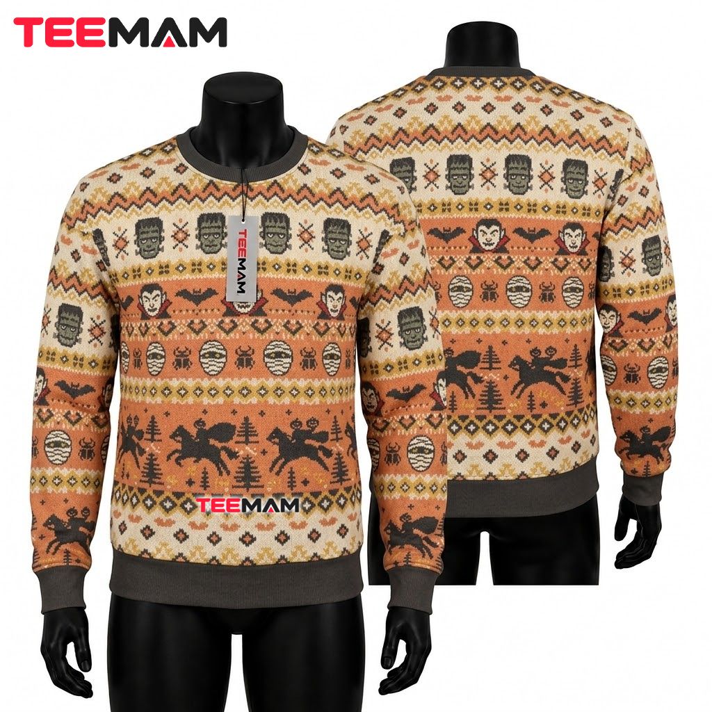 Frankenstein Ugly Halloween Sweater Dracula Mummy Icon Pattern Front