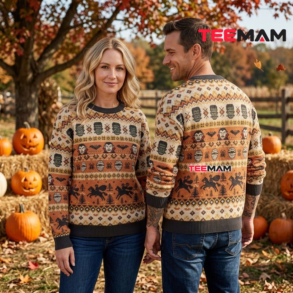 Frankenstein Ugly Halloween Sweater Dracula Mummy Icon Pattern Back Frankenstein Ugly Halloween Sweater Dracula Mummy Icon Pattern Back