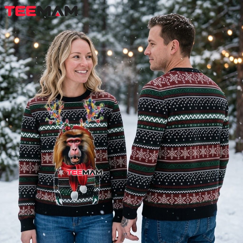 Funny Baboon Ugly Christmas Sweater Reindeer Antler Lights Back Funny Baboon Ugly Christmas Sweater Reindeer Antler Lights Back