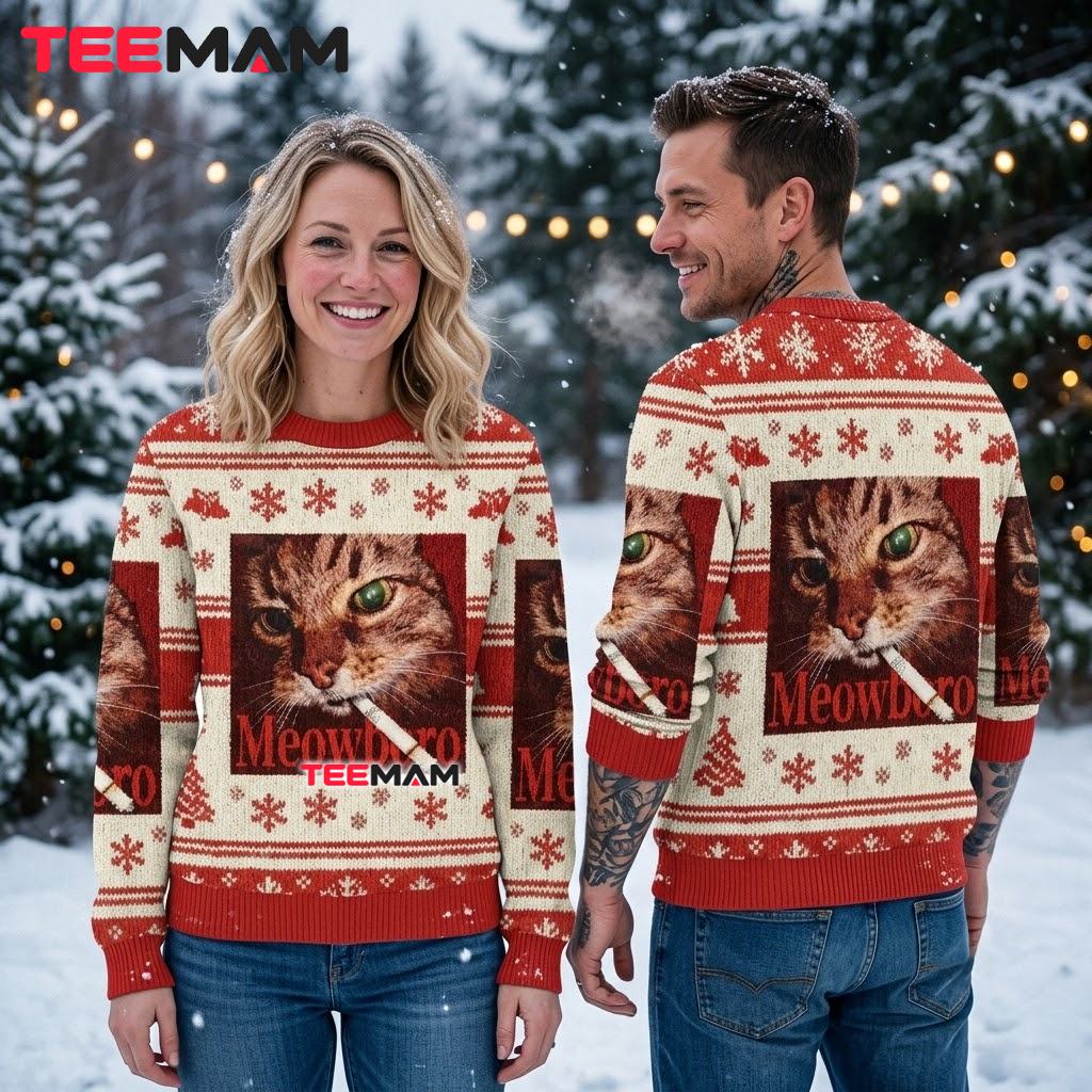 Funny Cat Ugly Christmas Sweater Meowboro Parody Cigarette Print Back Funny Cat Ugly Christmas Sweater Meowboro Parody Cigarette Print Back