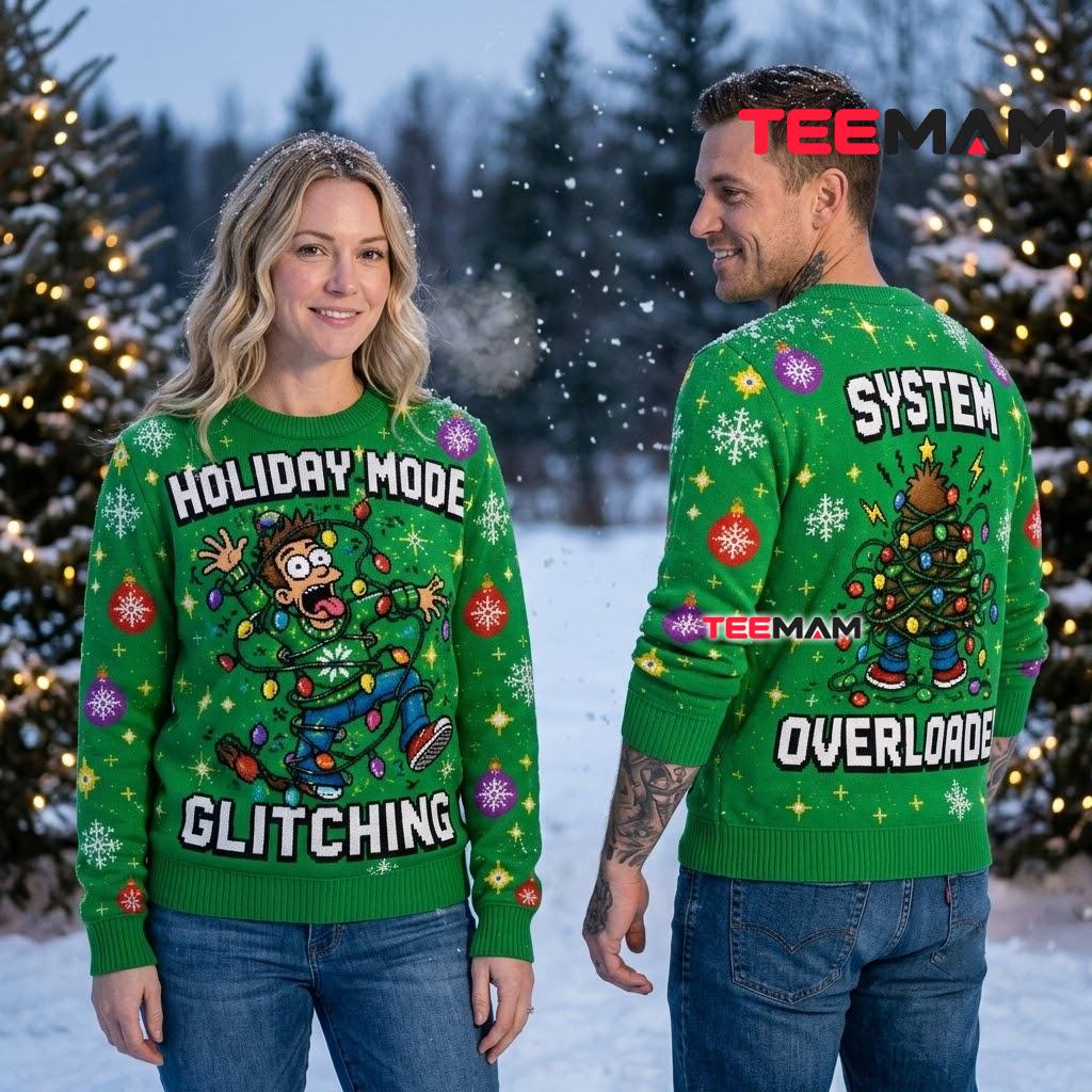Funny Christmas Light Tangle Ugly Sweater Holiday Mode Glitching Back Funny Christmas Light Tangle Ugly Sweater Holiday Mode Glitching Back