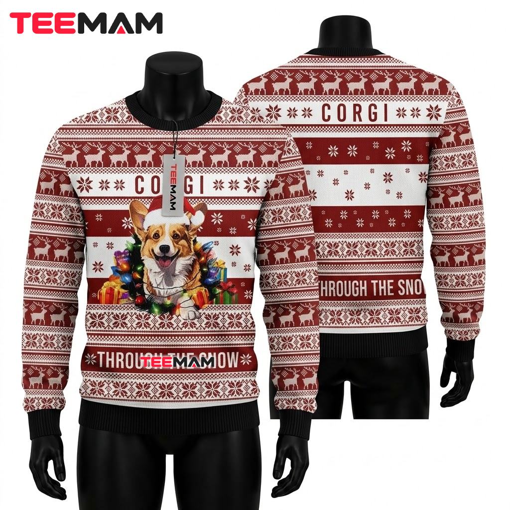 Funny Corgi Ugly Christmas Sweater Santa Hat Lights Front