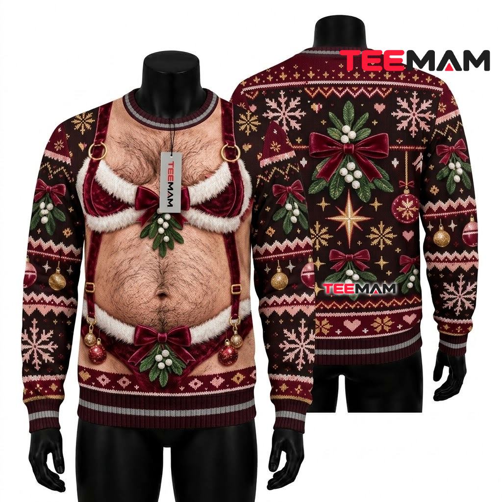 Funny Hairy Chest Lingerie Ugly Christmas Sweater Mistletoe Bow Print Front