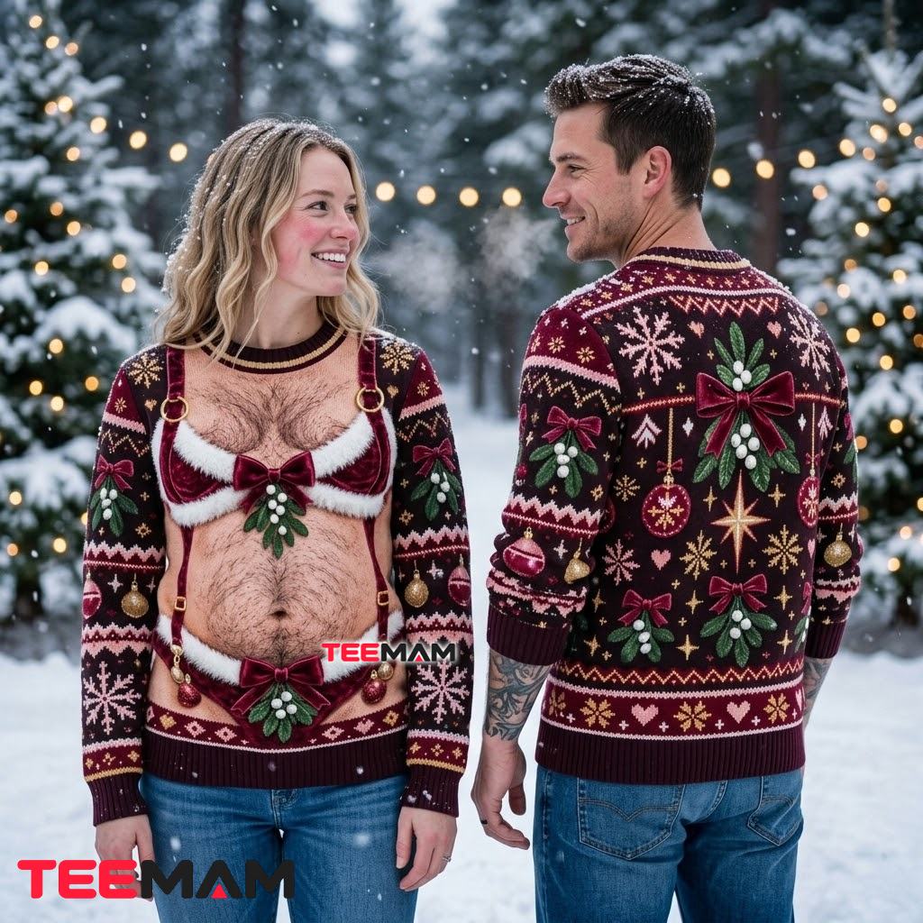 Funny Hairy Chest Lingerie Ugly Christmas Sweater Mistletoe Bow Print Back Funny Hairy Chest Lingerie Ugly Christmas Sweater Mistletoe Bow Print Back