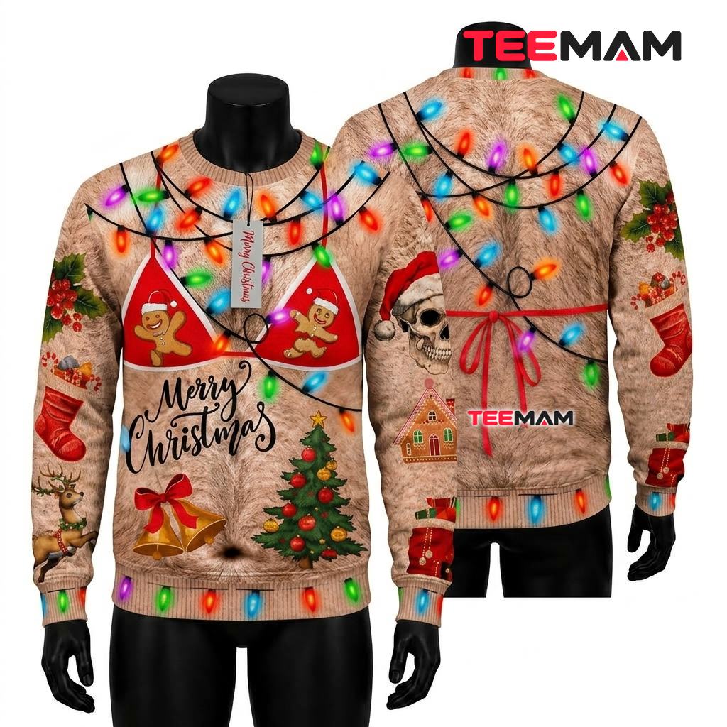 Funny Hairy Chest Merry Christmas Ugly Sweater Gingerbread Skull Print Front