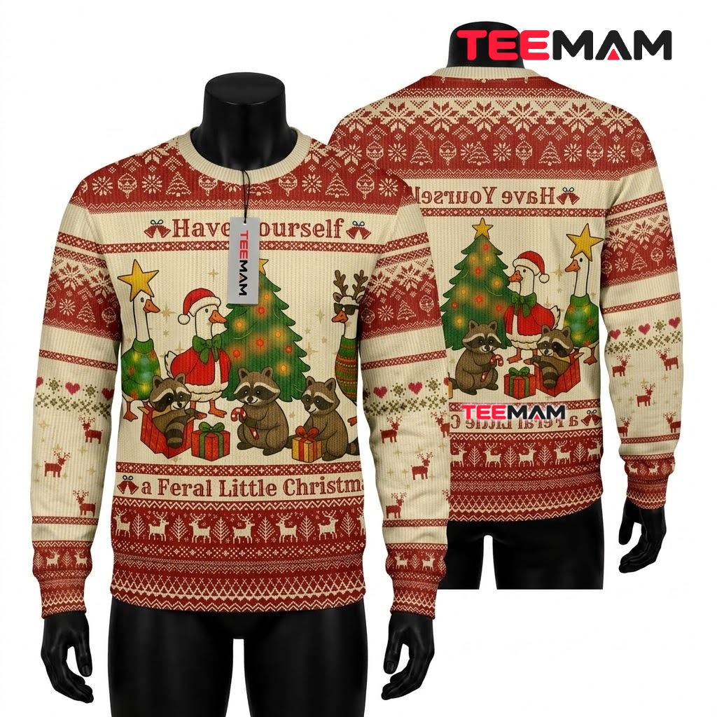 Funny Raccoon Duck Ugly Christmas Sweater Have Yourself Feral Front