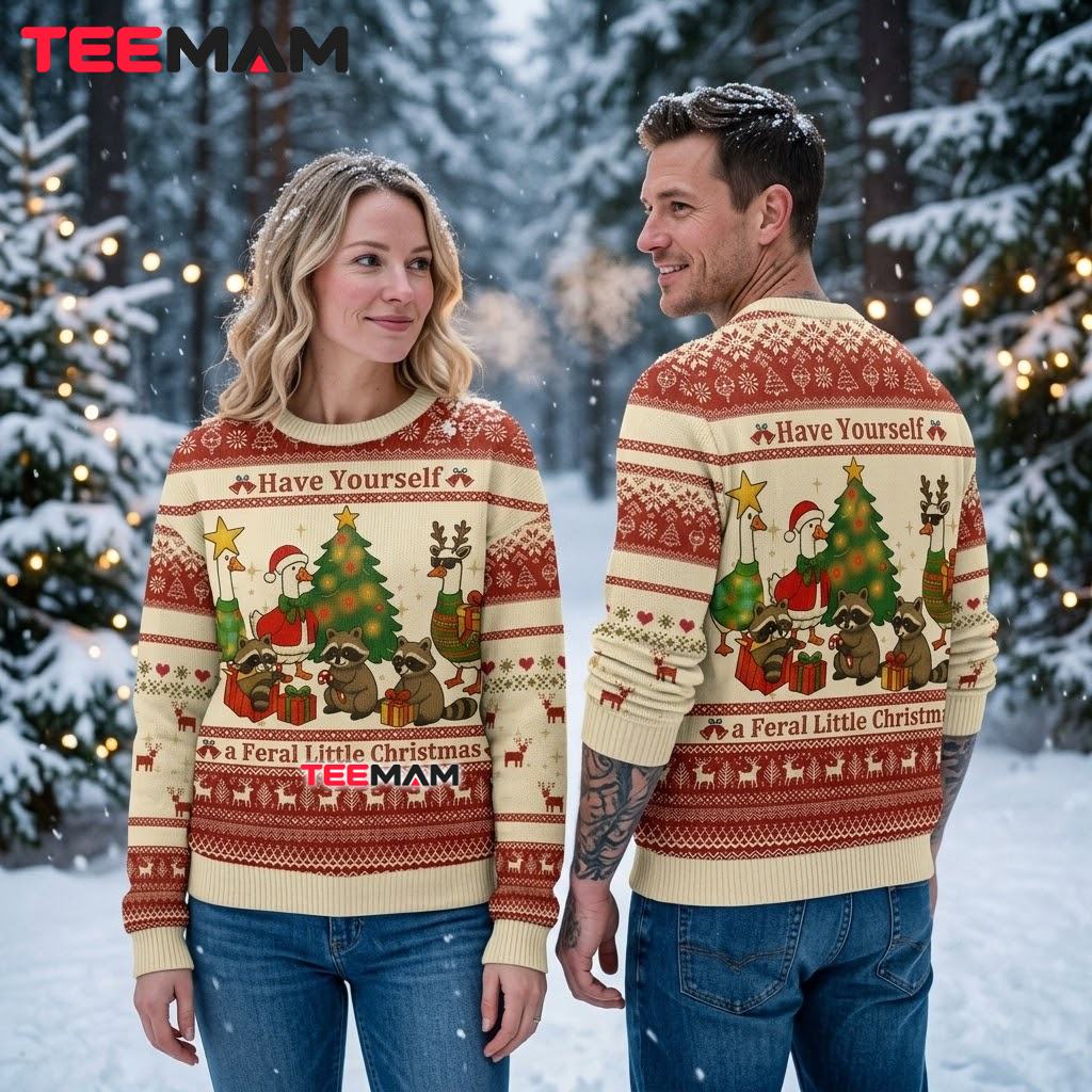 Funny Raccoon Duck Ugly Christmas Sweater Have Yourself Feral Back Funny Raccoon Duck Ugly Christmas Sweater Have Yourself Feral Back