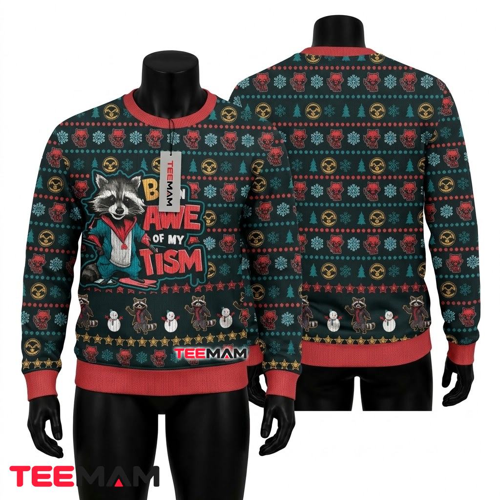 Funny Raccoon Ugly Christmas Sweater Be In Awe Front