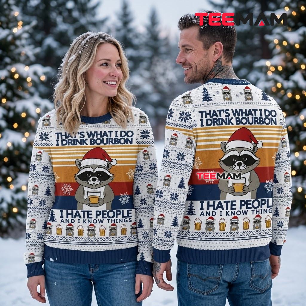 Funny Raccoon Ugly Christmas Sweater Drink Bourbon Hate People Back Funny Raccoon Ugly Christmas Sweater Drink Bourbon Hate People Back