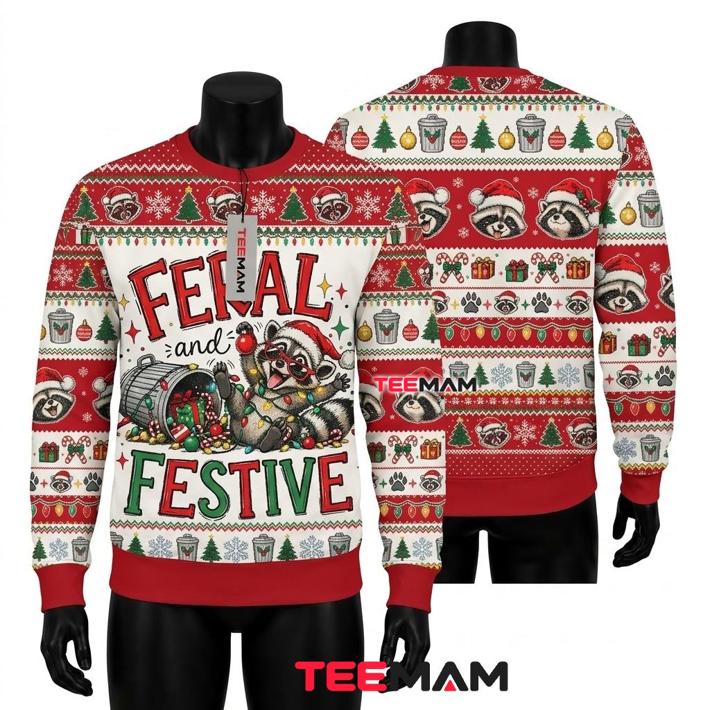 Funny Raccoon Ugly Christmas Sweater Feral And Festive Front