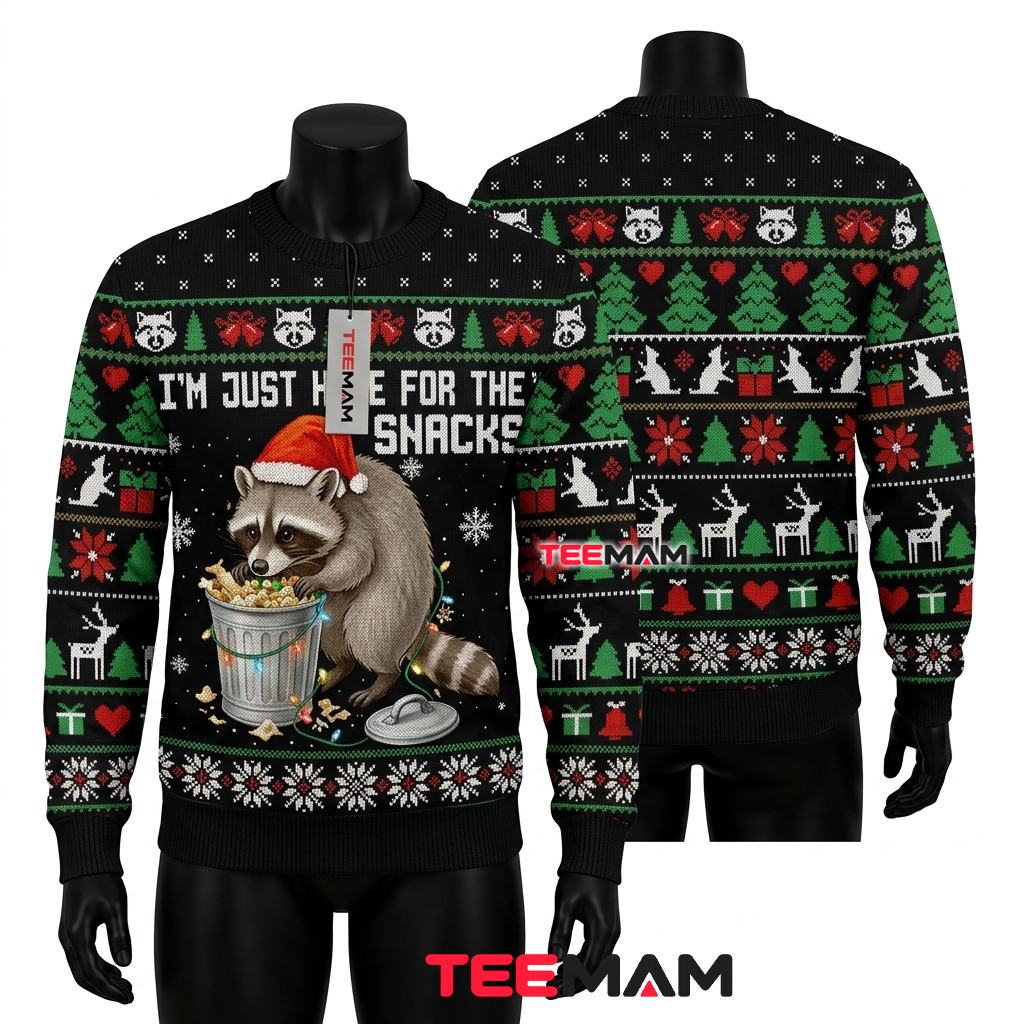 Funny Raccoon Ugly Christmas Sweater Here For Snacks Front