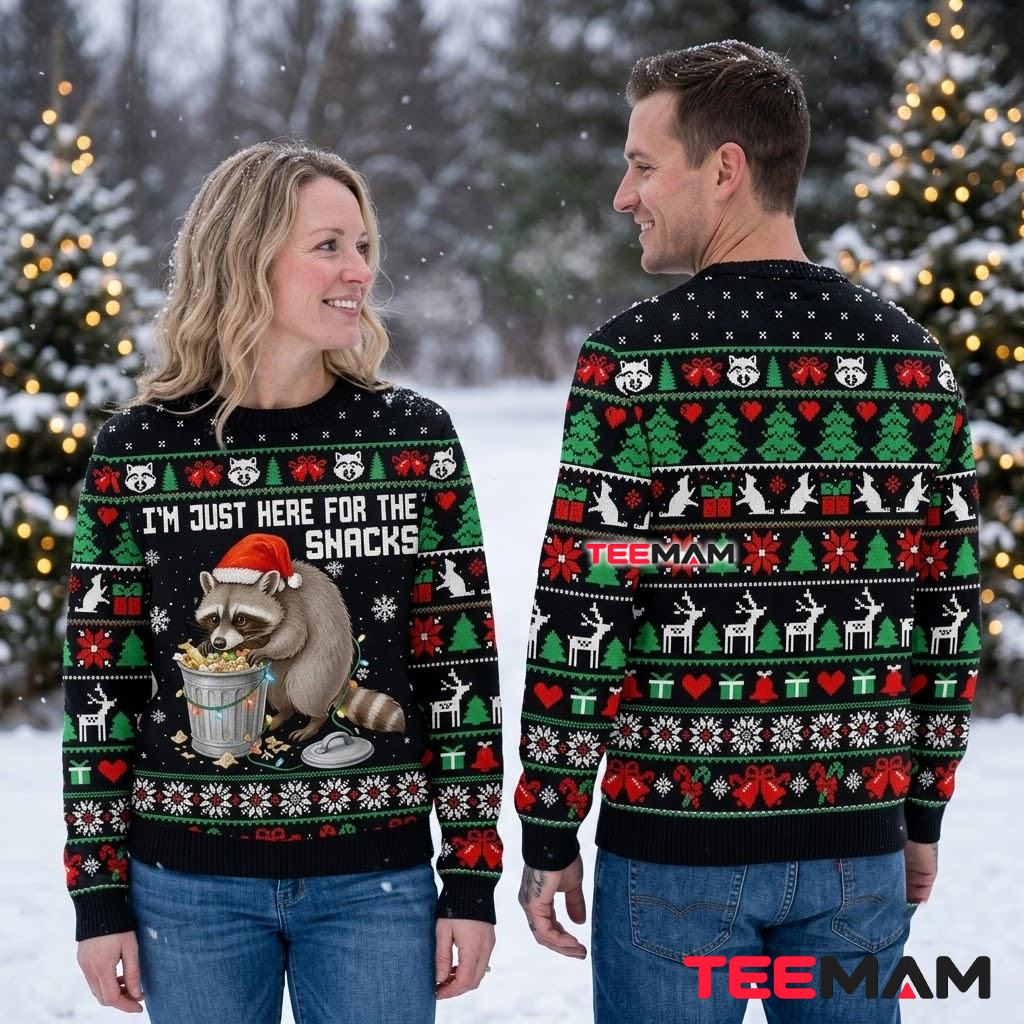 Funny Raccoon Ugly Christmas Sweater Here For Snacks Back Funny Raccoon Ugly Christmas Sweater Here For Snacks Back