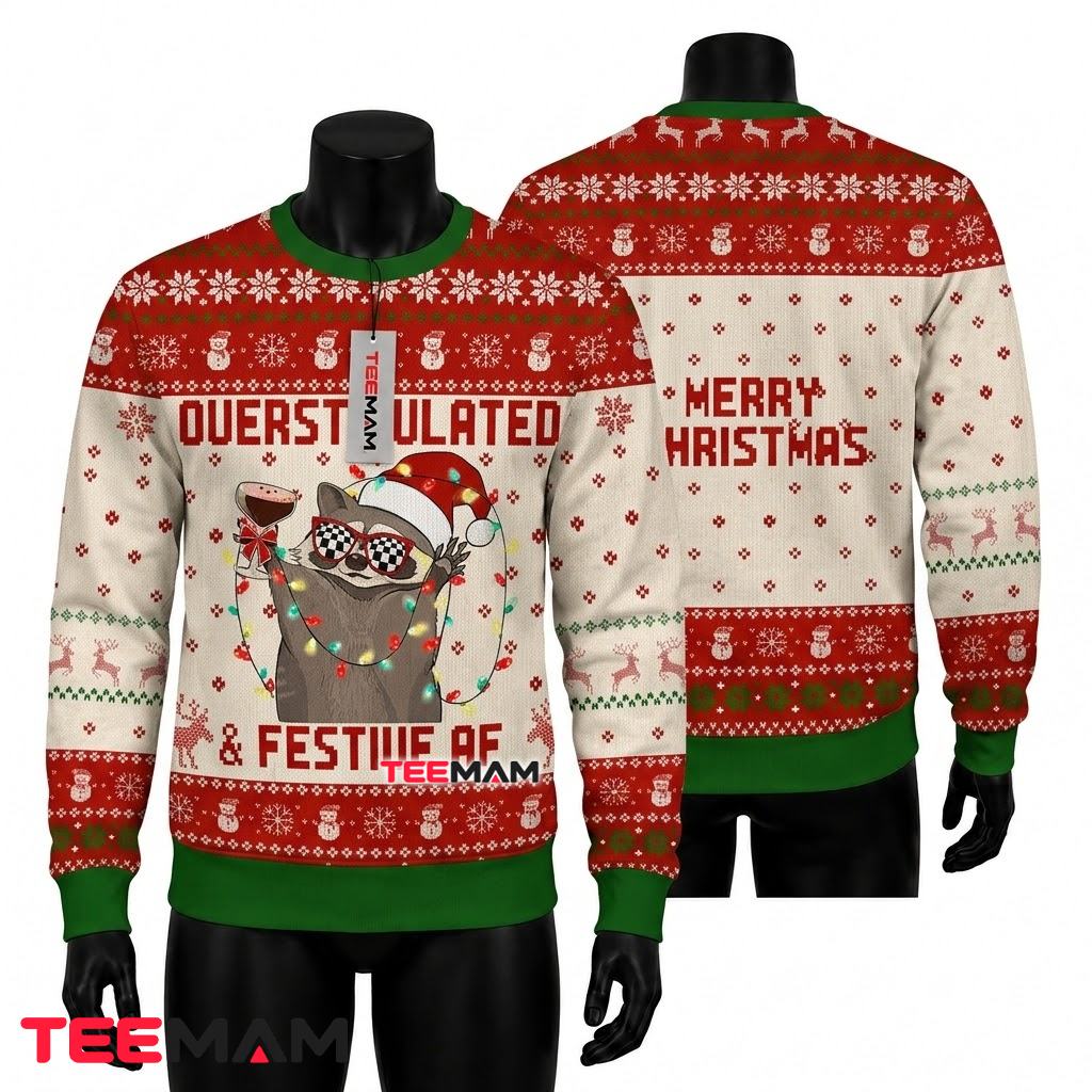Funny Raccoon Ugly Christmas Sweater Overstimulated Festive Af Front