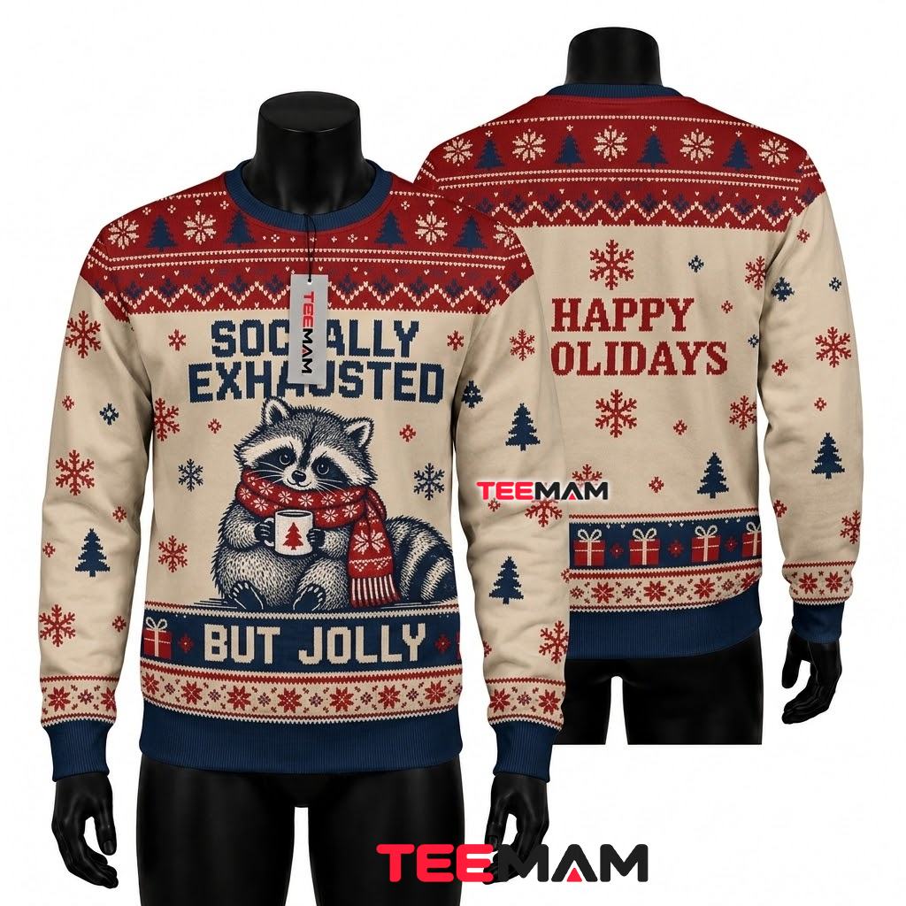 Funny Raccoon Ugly Christmas Sweater Socially Exhausted Jolly Front