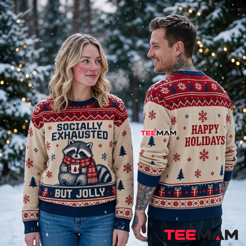 Funny Raccoon Ugly Christmas Sweater Socially Exhausted Jolly Back Funny Raccoon Ugly Christmas Sweater Socially Exhausted Jolly Back