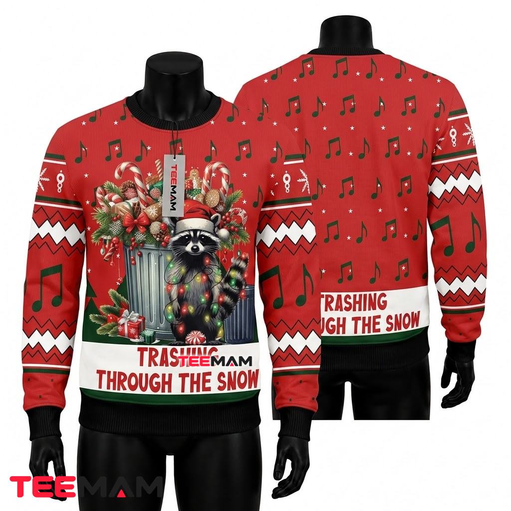 Funny Raccoon Ugly Christmas Sweater Trashing Through Snow Front
