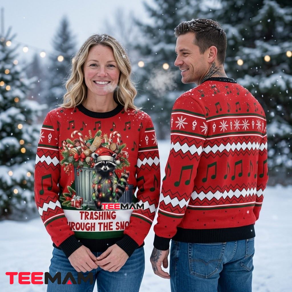 Funny Raccoon Ugly Christmas Sweater Trashing Through Snow Back Funny Raccoon Ugly Christmas Sweater Trashing Through Snow Back