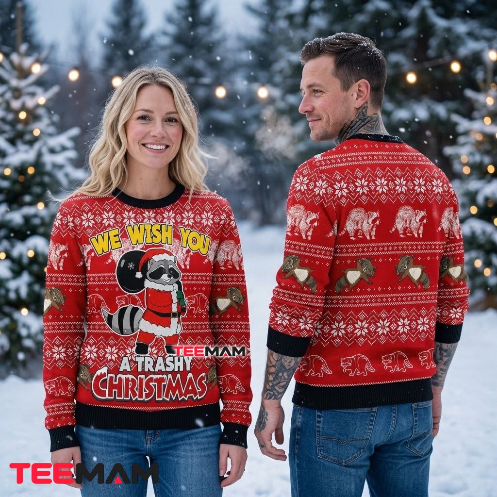 Funny Raccoon Ugly Christmas Sweater We Wish Trashy Back Funny Raccoon Ugly Christmas Sweater We Wish Trashy Back