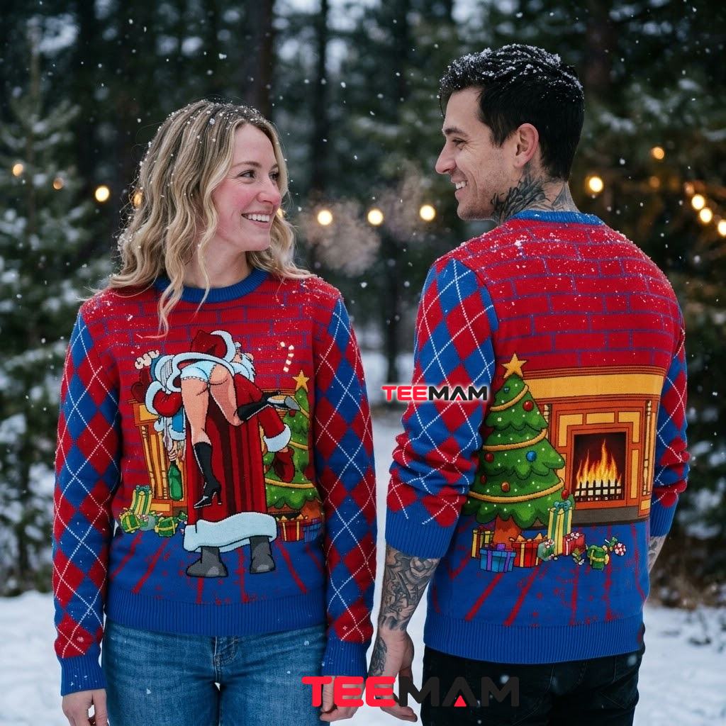 Funny Santa Spanking Mrs Claus Ugly Christmas Sweater Fireplace Design Back Funny Santa Spanking Mrs Claus Ugly Christmas Sweater Fireplace Design Back