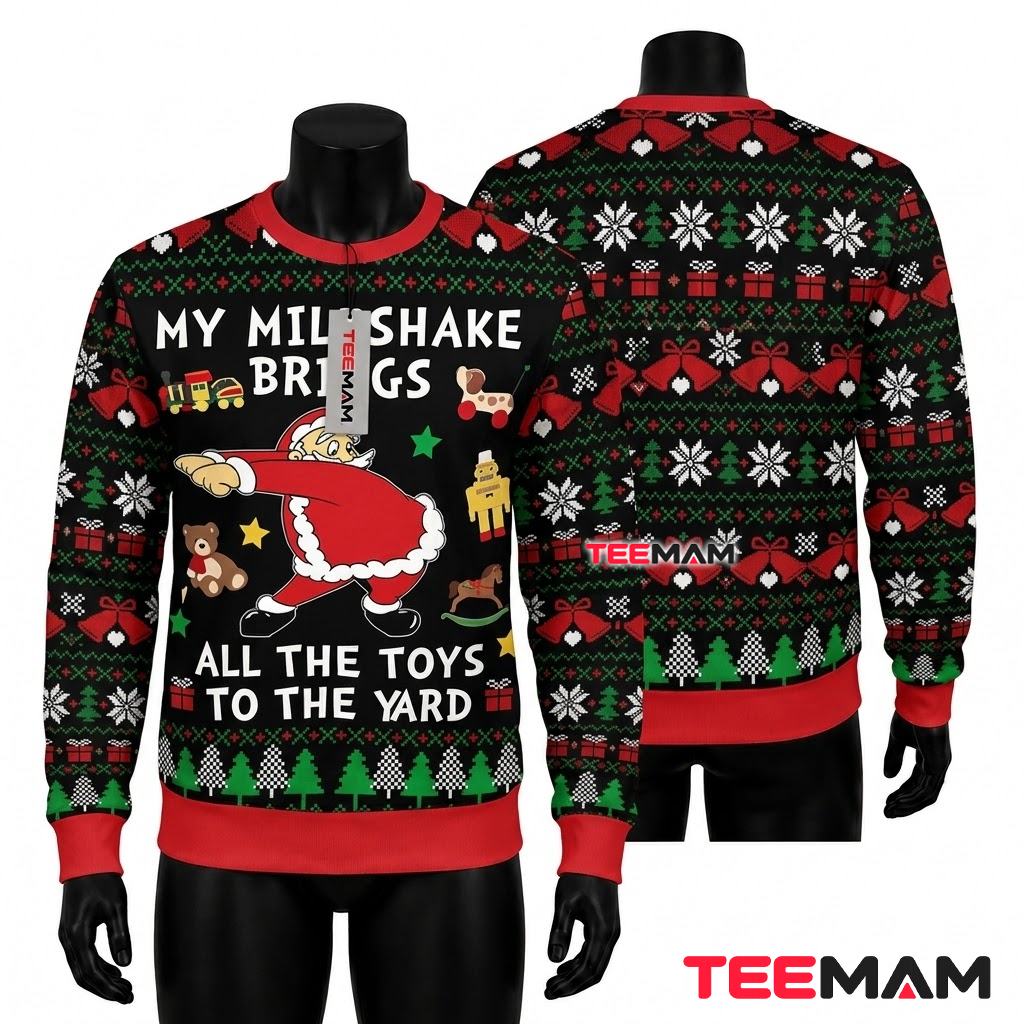 Funny Santa Ugly Christmas Sweater Milkshake Brings Toys Front