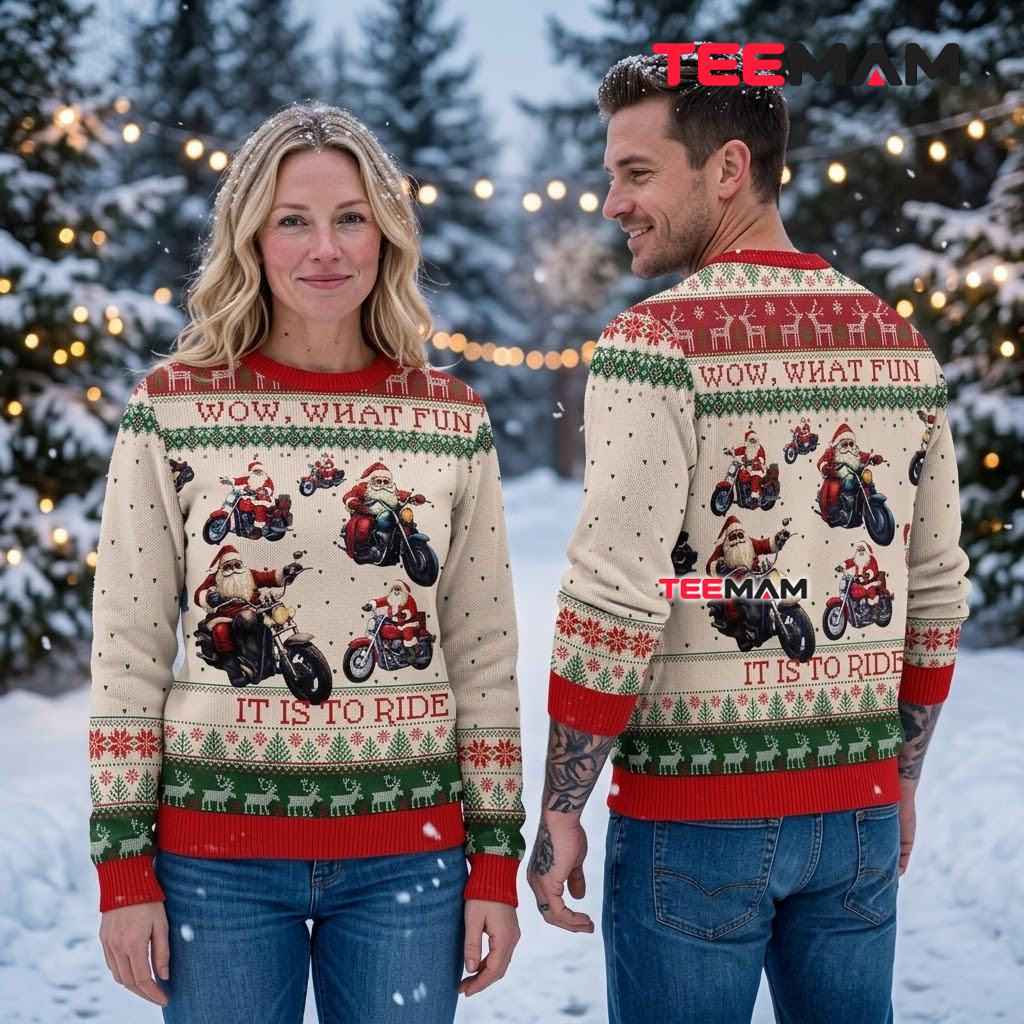 Funny Santa Ugly Christmas Sweater Motorcycle Wow What Fun Back Funny Santa Ugly Christmas Sweater Motorcycle Wow What Fun Back