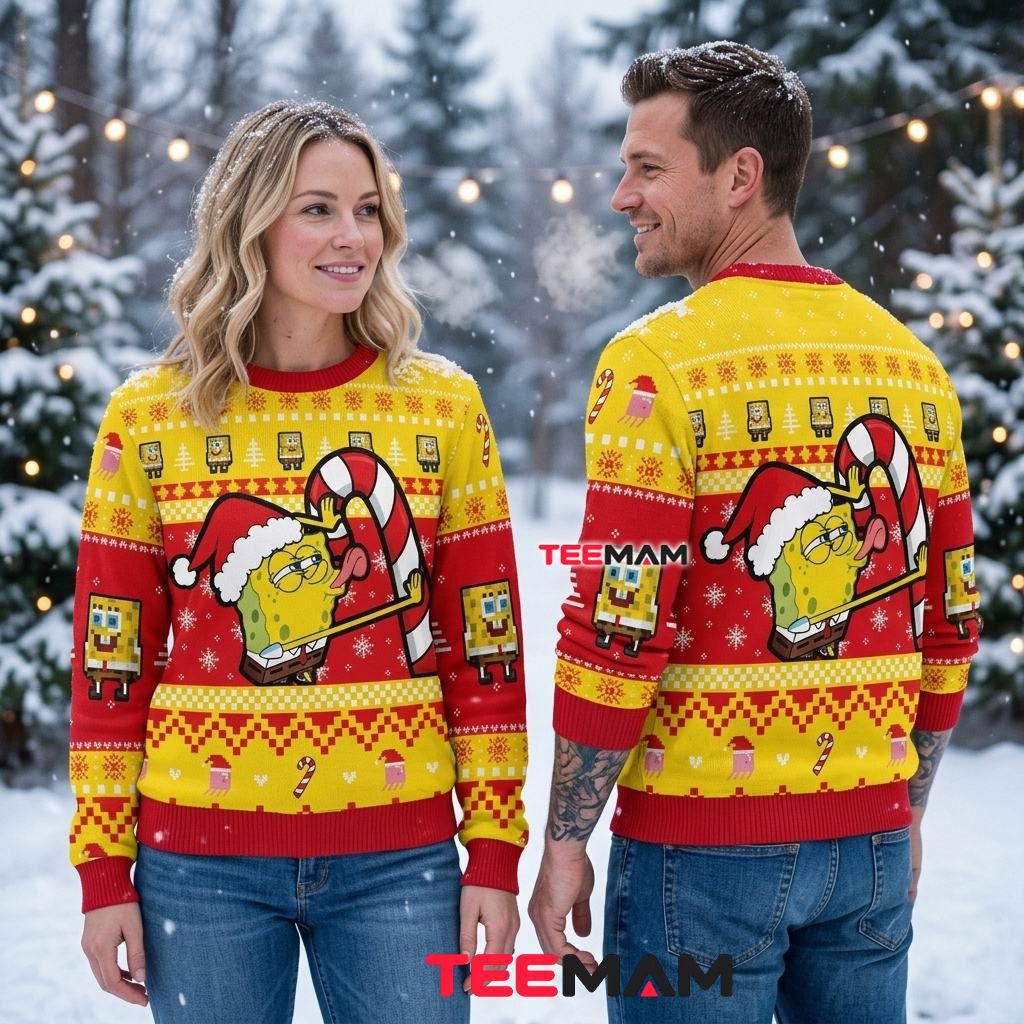 Funny Spongebob Squarepants Ugly Christmas Sweater Candy Cane Back Funny Spongebob Squarepants Ugly Christmas Sweater Candy Cane Back
