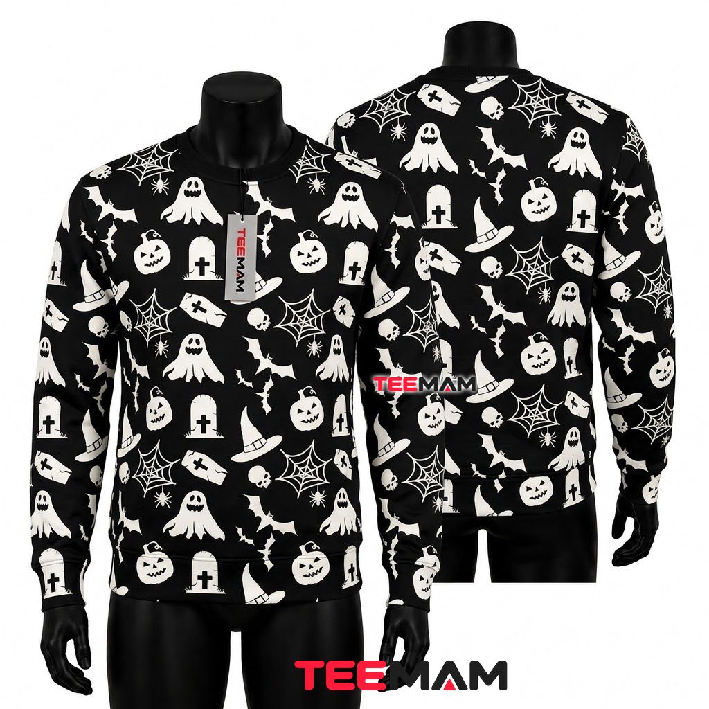 Ghost Ugly Halloween Sweater Bat Pumpkin Icon Pattern Front