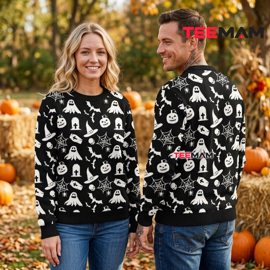 Ghost Ugly Halloween Sweater Bat Pumpkin Icon Pattern Back Ghost Ugly Halloween Sweater Bat Pumpkin Icon Pattern Back