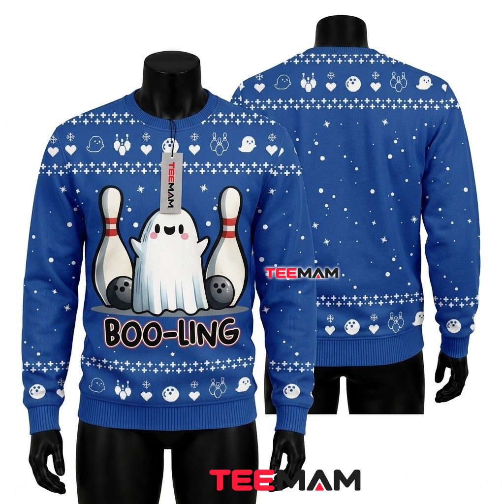 Ghost Ugly Halloween Sweater Boo Ling Bowling Blue Front