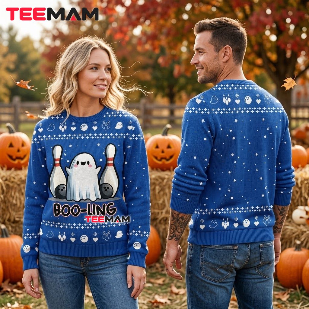 Ghost Ugly Halloween Sweater Boo Ling Bowling Blue Back Ghost Ugly Halloween Sweater Boo Ling Bowling Blue Back