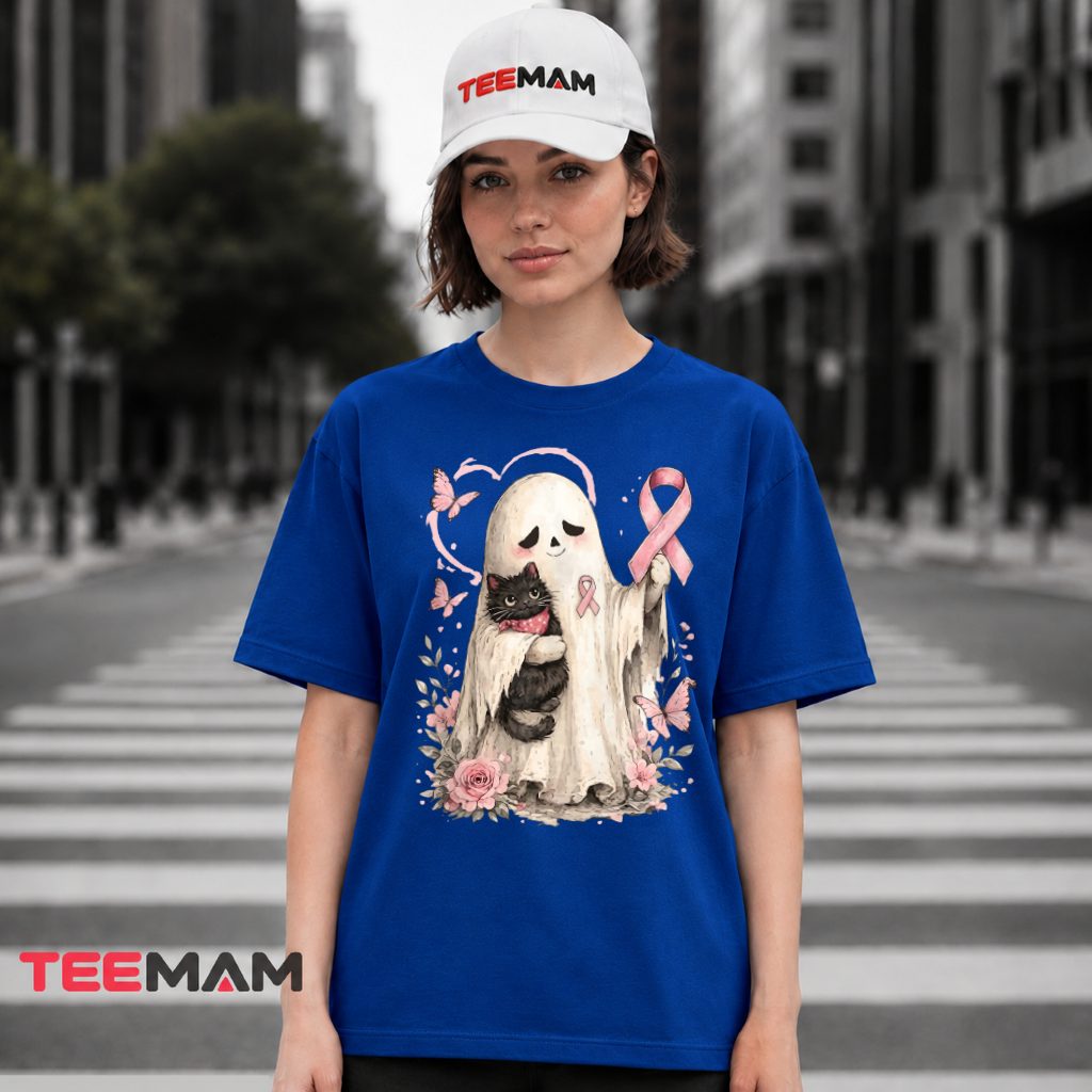Ghost With Black Cat Breast Cancer Awareness Pink T-Shirt