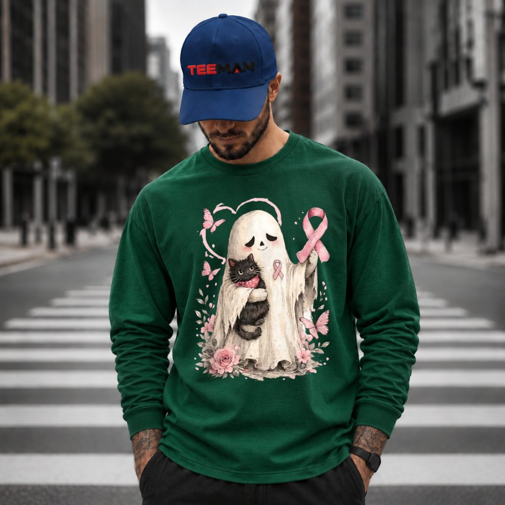 Ghost With Black Cat Breast Cancer Awareness Pink Long Sleeve Ghost With Black Cat Breast Cancer Awareness Pink Long Sleeve