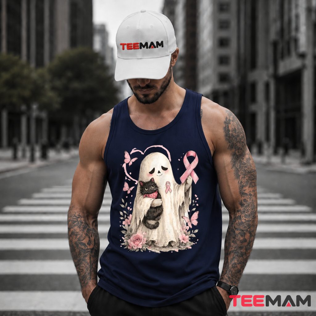 Ghost With Black Cat Breast Cancer Awareness Pink Tank Top Ghost With Black Cat Breast Cancer Awareness Pink Tank Top