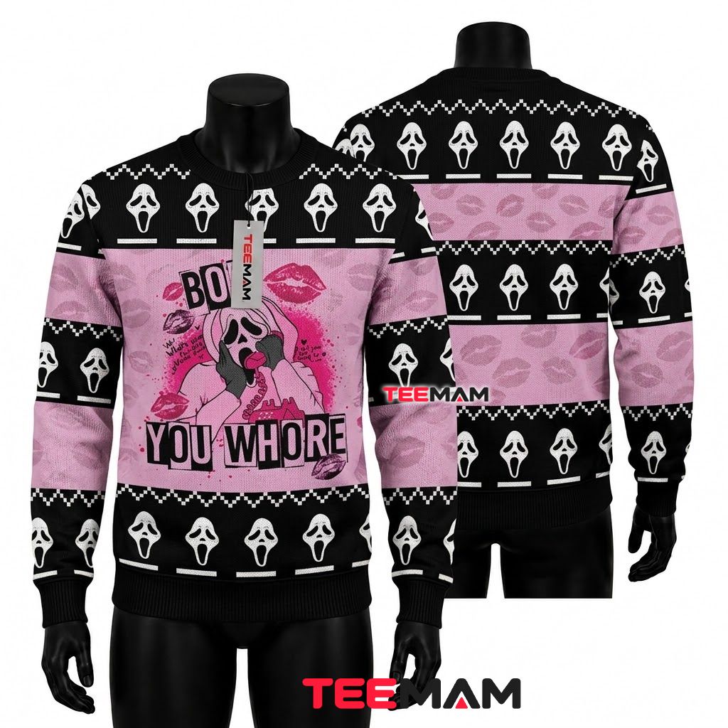 Ghostface Ugly Halloween Sweater Boo You Whore Front