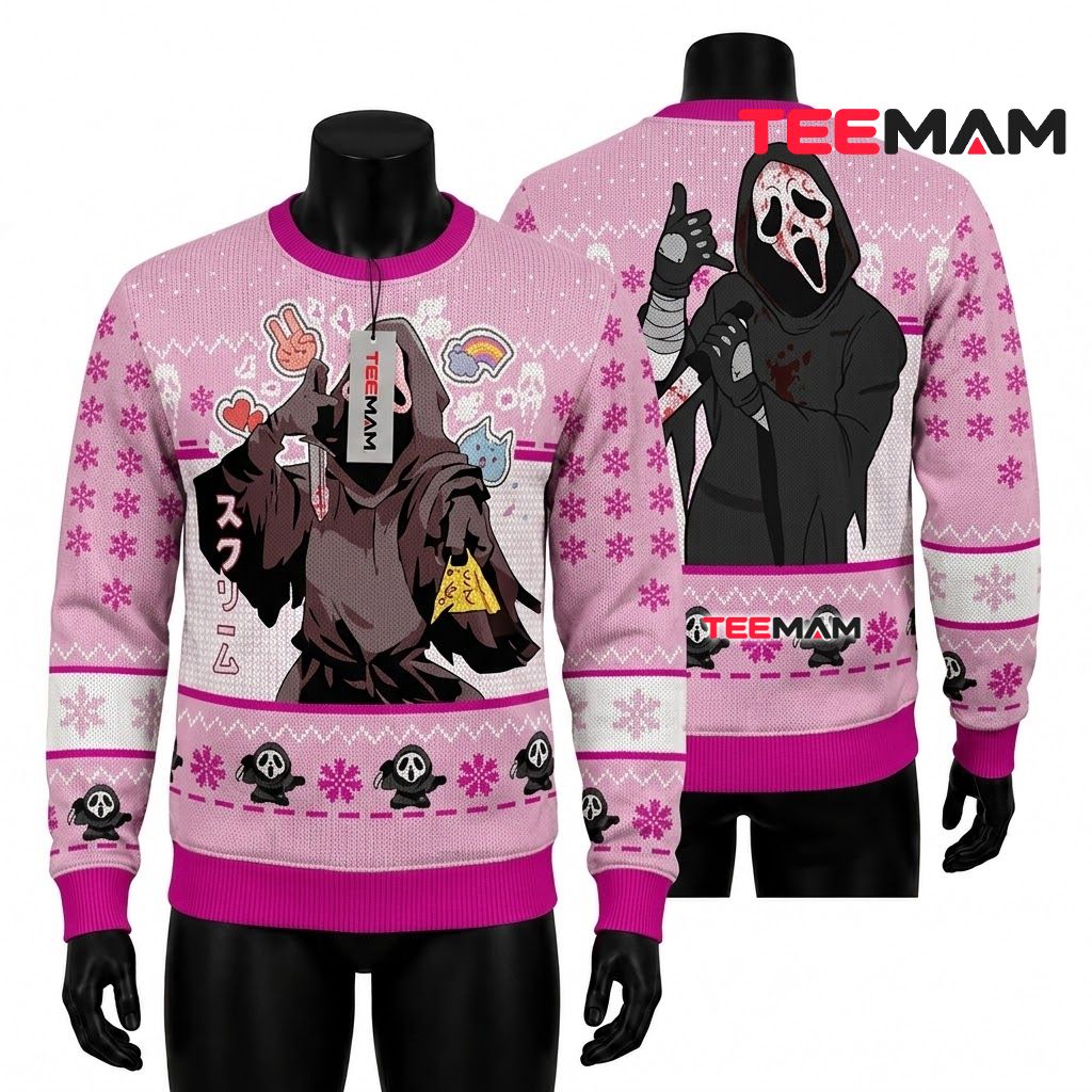 Ghostface Ugly Halloween Sweater Chibi Anime Emoji Pink Front
