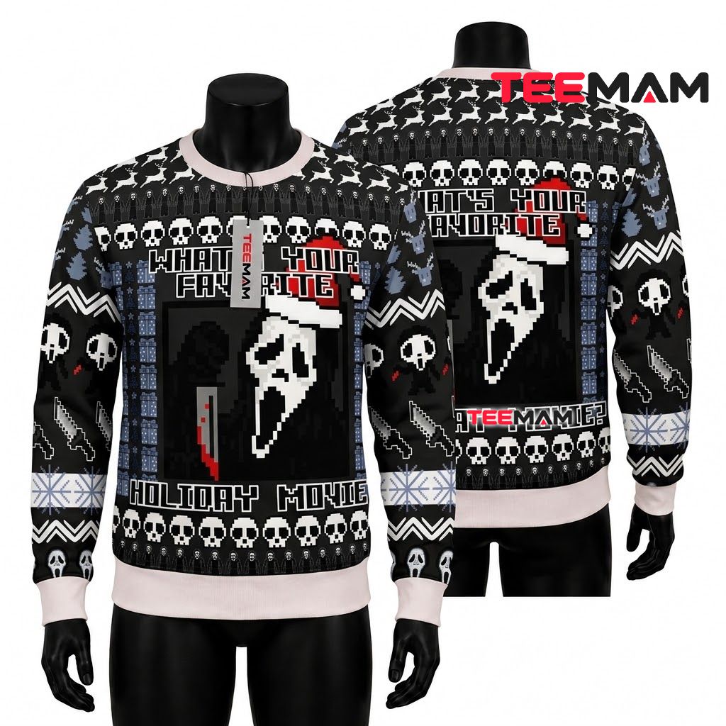 Ghostface Ugly Halloween Sweater Favorite Holiday Movie Pixel Front