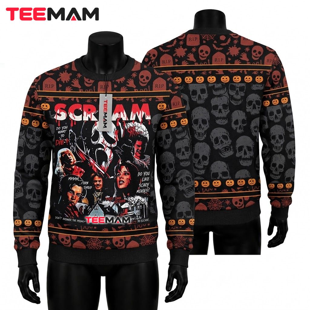 Ghostface Ugly Halloween Sweater Scream Movie Cast Skull Front