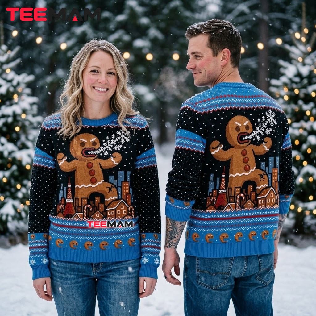 Gingerbread Man Godzilla Ugly Christmas Sweater Kaiju City Attack Back Gingerbread Man Godzilla Ugly Christmas Sweater Kaiju City Attack Back