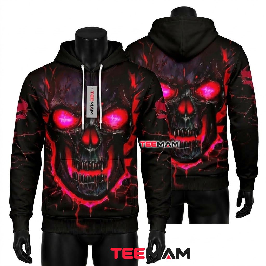 Glowing Red Eyes Skull 3D Hoodie Front