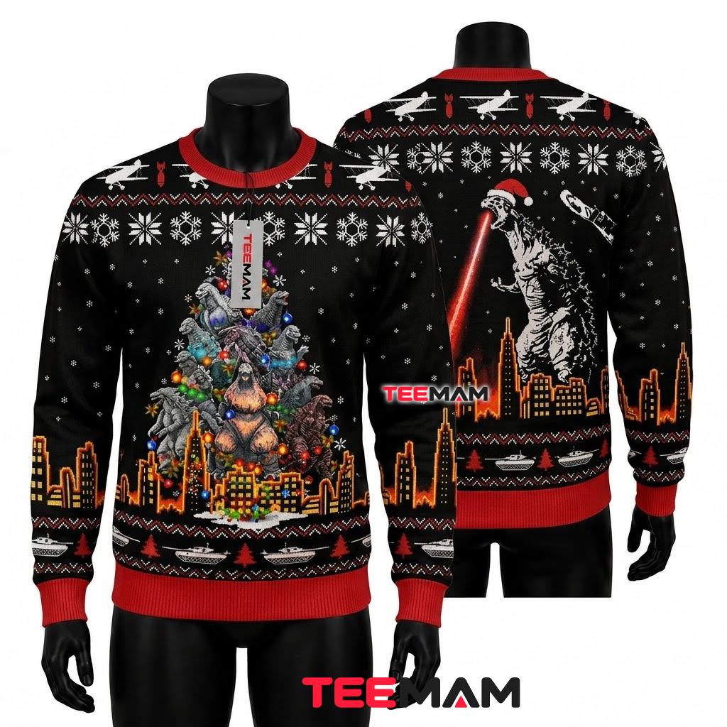 Godzilla Ugly Christmas Sweater Christmas Tree City Skyline Front
