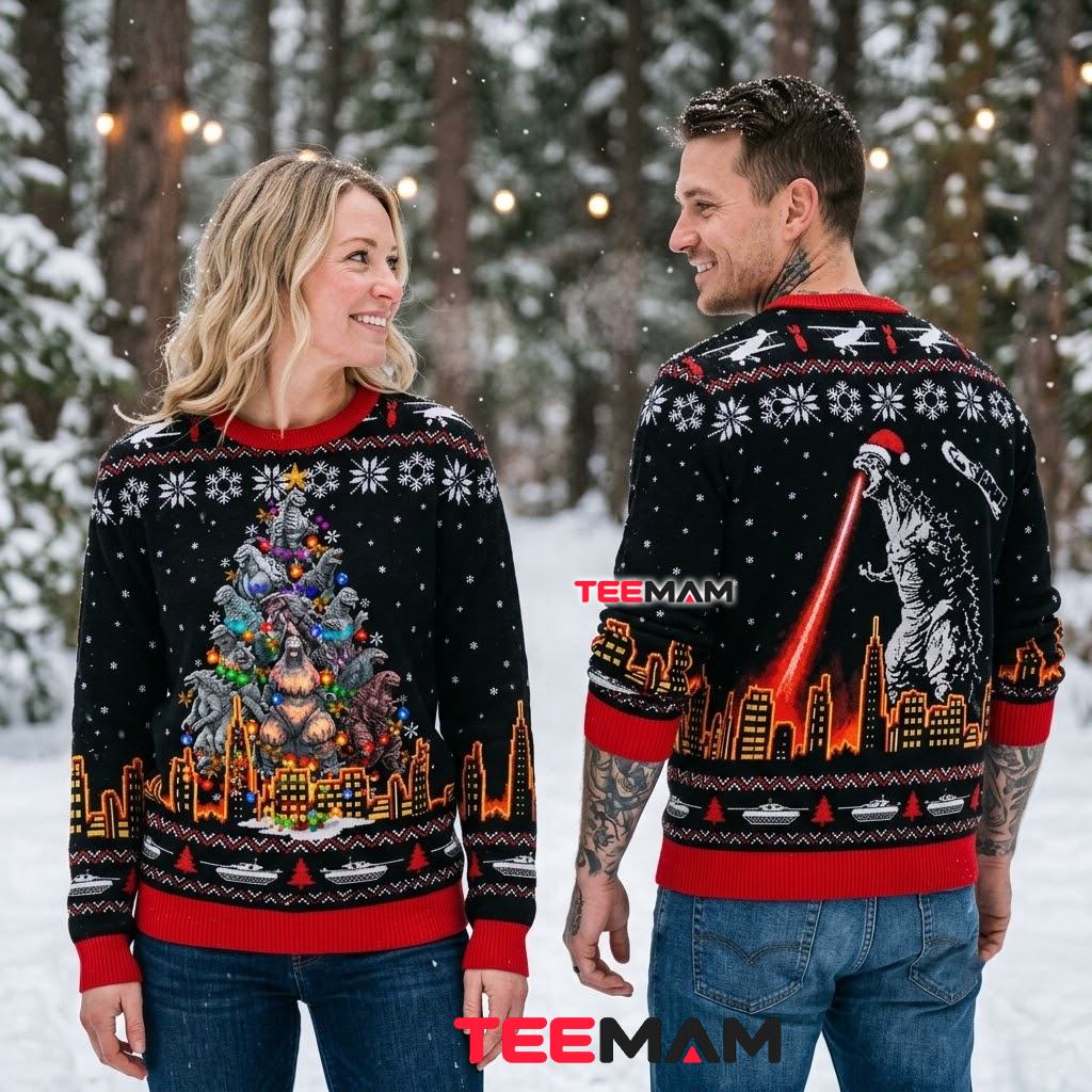 Godzilla Ugly Christmas Sweater Christmas Tree City Skyline Back Godzilla Ugly Christmas Sweater Christmas Tree City Skyline Back