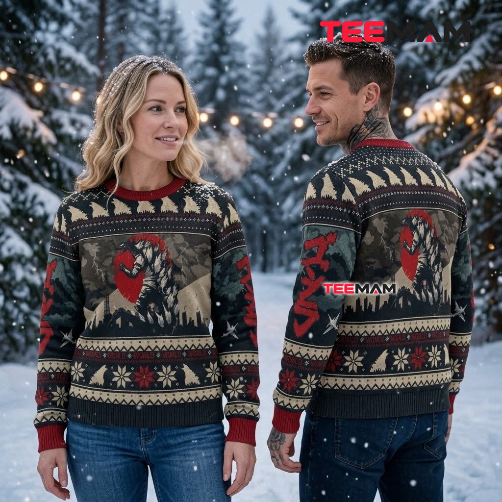 Godzilla Ugly Christmas Sweater City Skyline Silhouette Design Back Godzilla Ugly Christmas Sweater City Skyline Silhouette Design Back