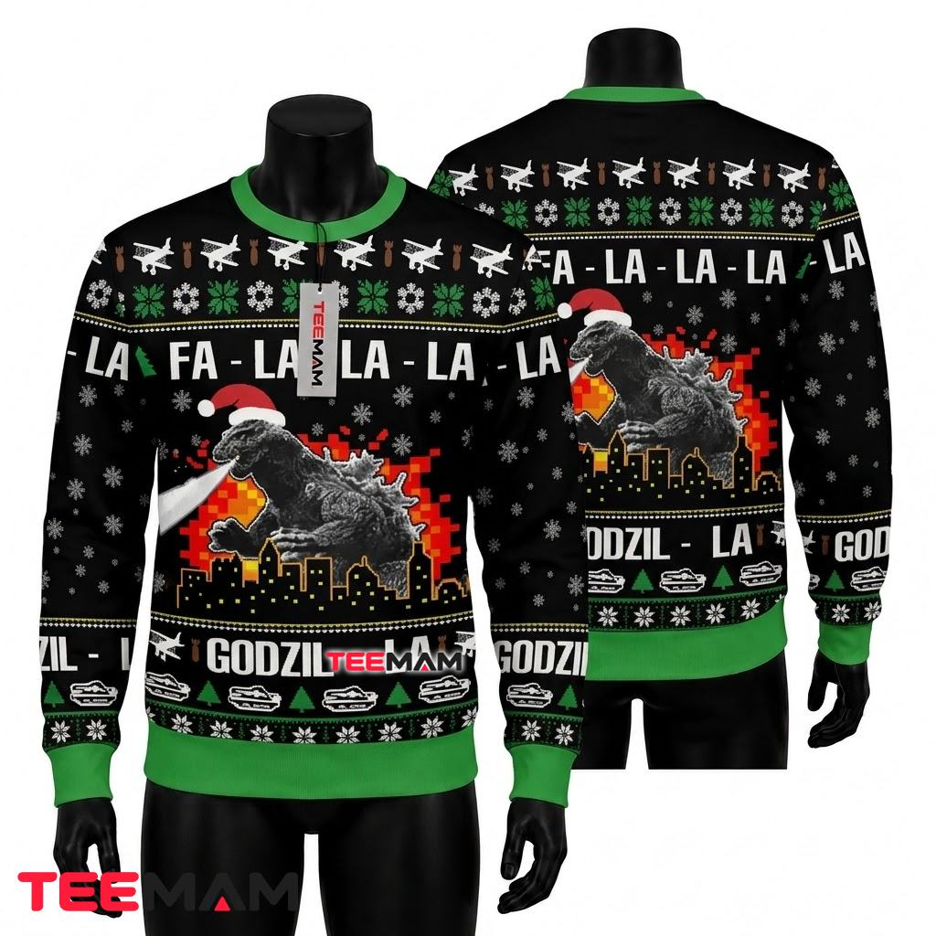 Godzilla Ugly Christmas Sweater Fa La La City Explosion Front