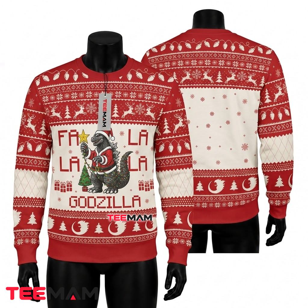 Godzilla Ugly Christmas Sweater Fa La La Santa Hat Front
