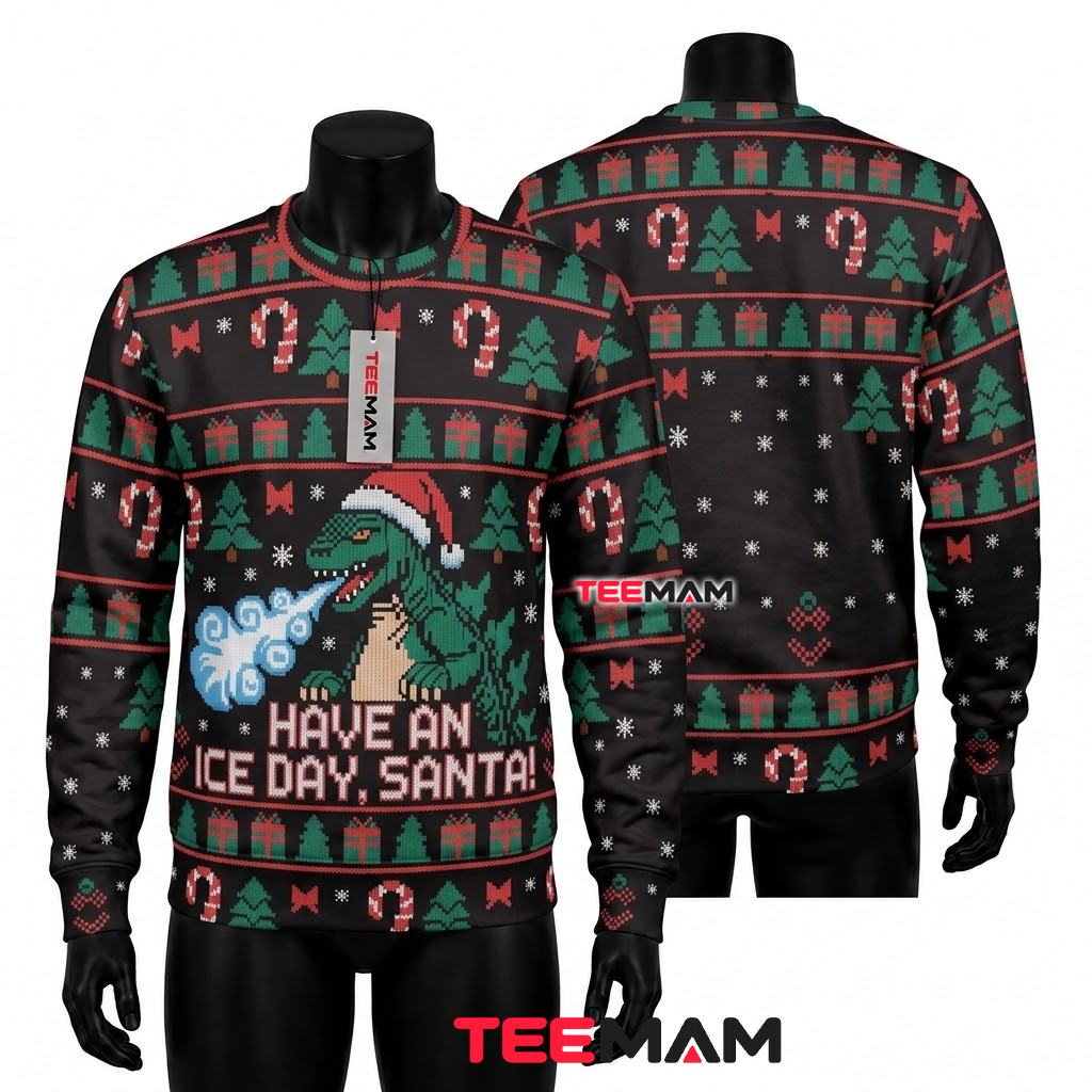 Godzilla Ugly Christmas Sweater Have An Ice Day Santa Front