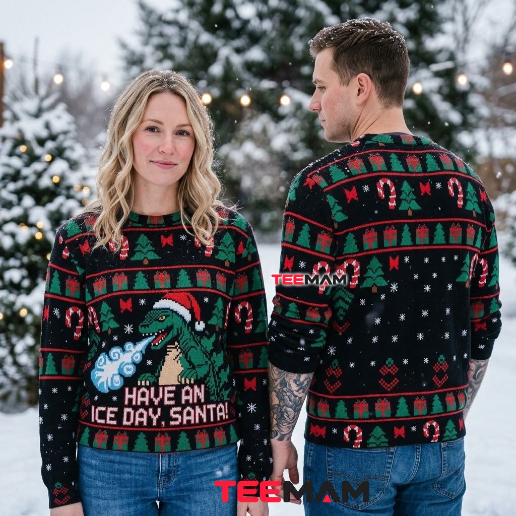 Godzilla Ugly Christmas Sweater Have An Ice Day Santa Back Godzilla Ugly Christmas Sweater Have An Ice Day Santa Back