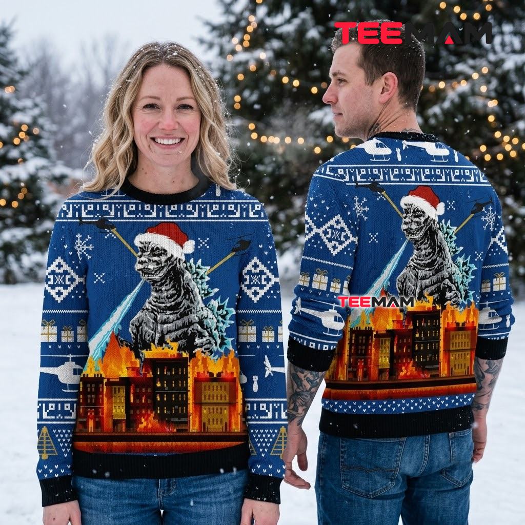 Godzilla Ugly Christmas Sweater Santa Hat City On Fire Back Godzilla Ugly Christmas Sweater Santa Hat City On Fire Back