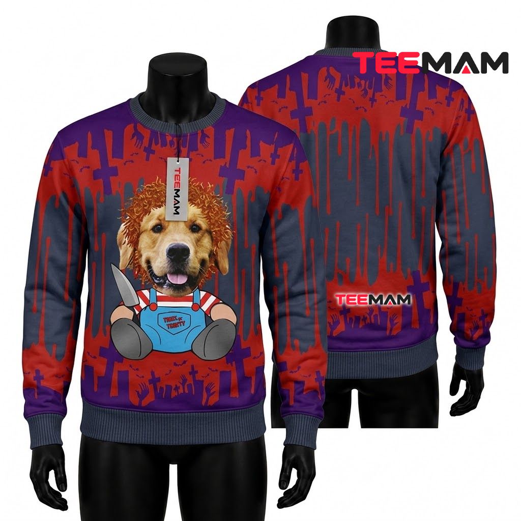 Golden Retriever Ugly Halloween Sweater Chucky Costume Cross Front