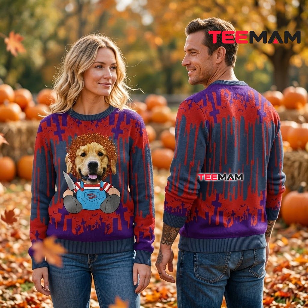 Golden Retriever Ugly Halloween Sweater Chucky Costume Cross Back Golden Retriever Ugly Halloween Sweater Chucky Costume Cross Back