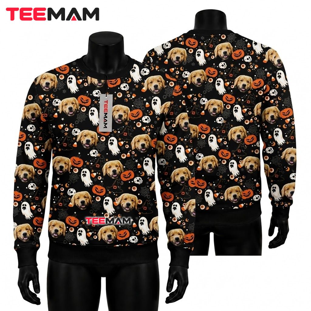 Golden Retriever Ugly Halloween Sweater Ghost Pumpkin Pattern Front